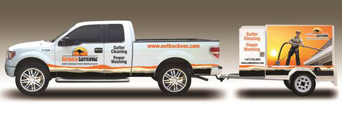 An Outback GutterVac pickup truck and equipment trailer are displayed against a white and gray background.